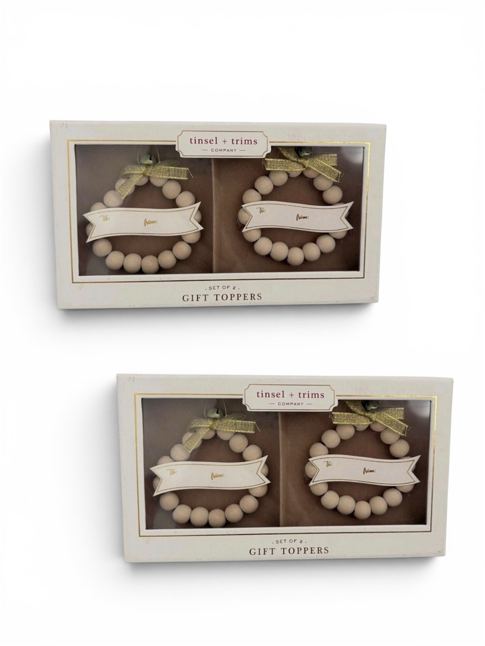 2 x Wood Bead Wreath Gift Tag Toppers Set of 2 Rustic Farmhouse Present Decor